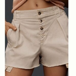 Anthropologie Linen Blend Pleated Button-Front Khaki Tan Boyfriend Shorts L